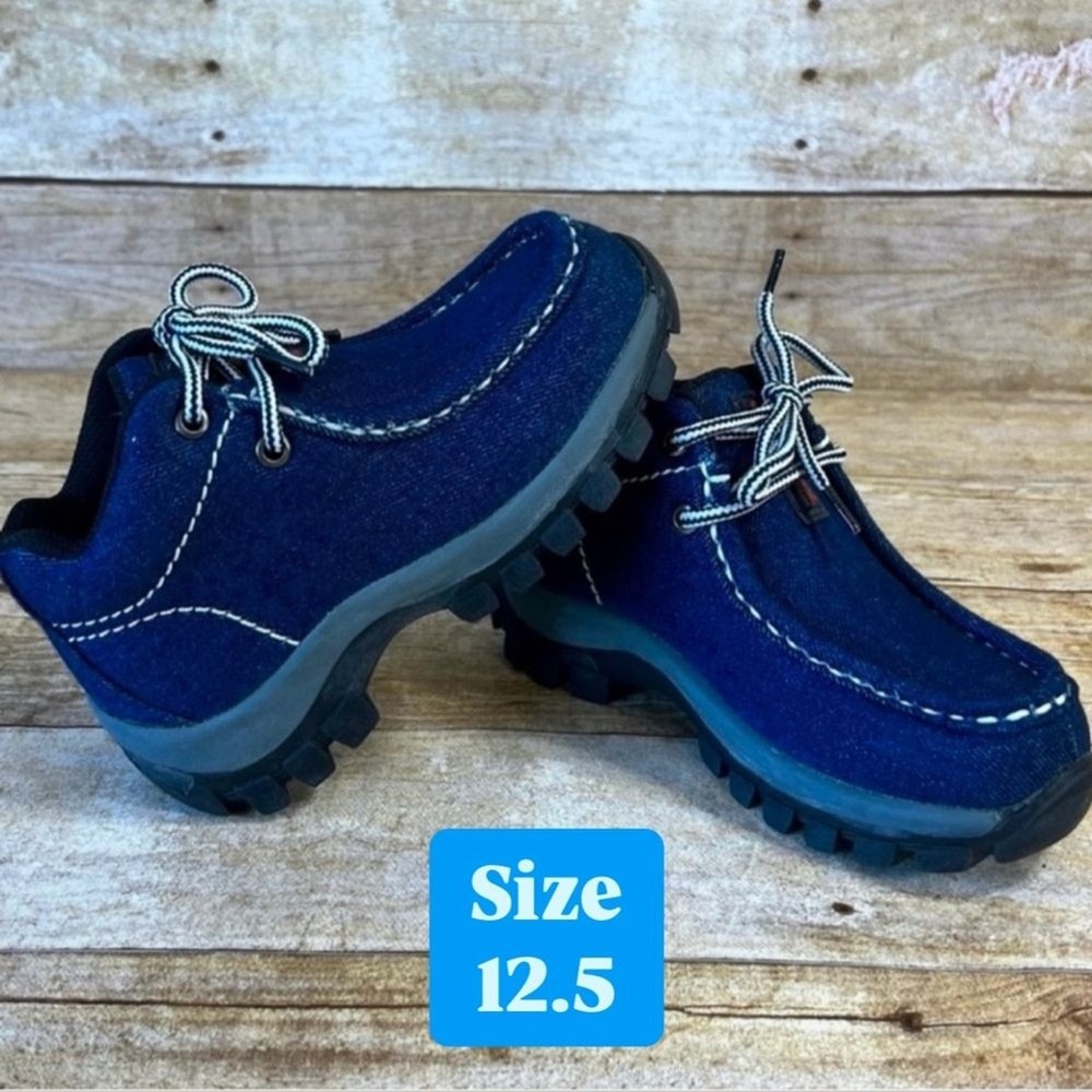 Redhawk Kids Denim Moc Toe Boots Blue Lace‎ Up Rugged Lug Sole Shoes Size 12.5